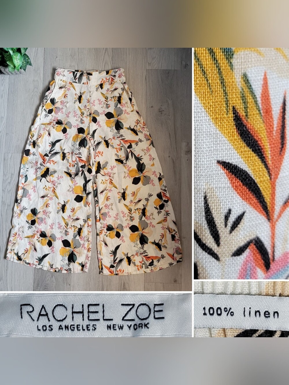 Rachel Zoe 100% Linen Tropical Hibiscus White Mustard Cropped Wide Leg Pant, XS